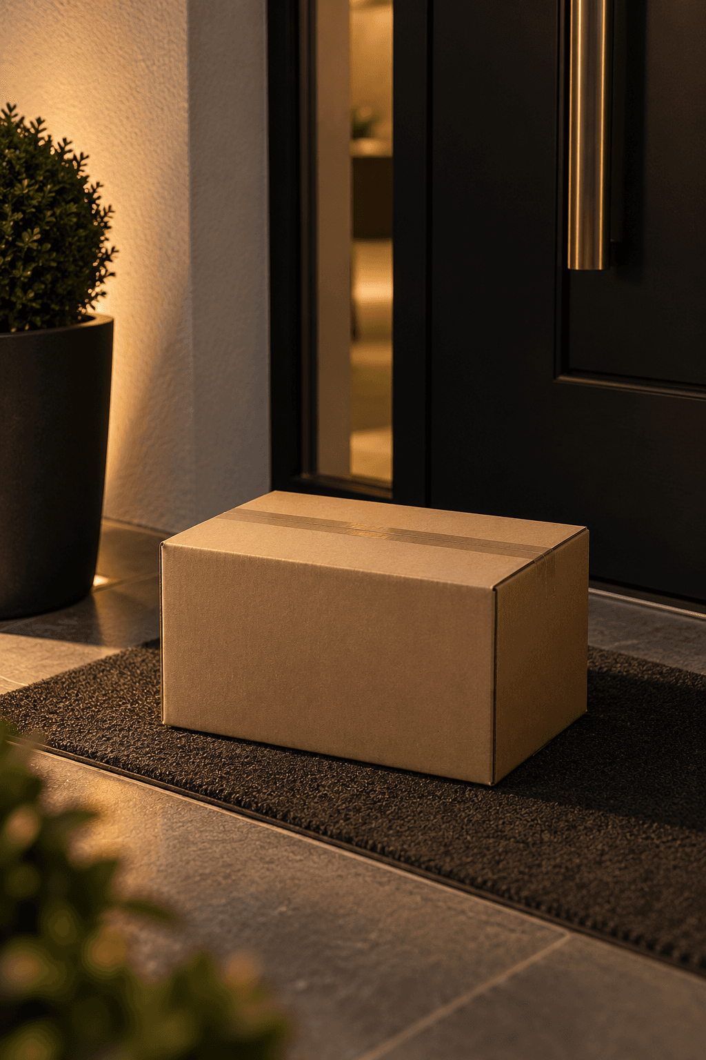 Die neutrale BENDUNA Versandverpackung vor der Haustür, ohne Hinweis auf Inhalt